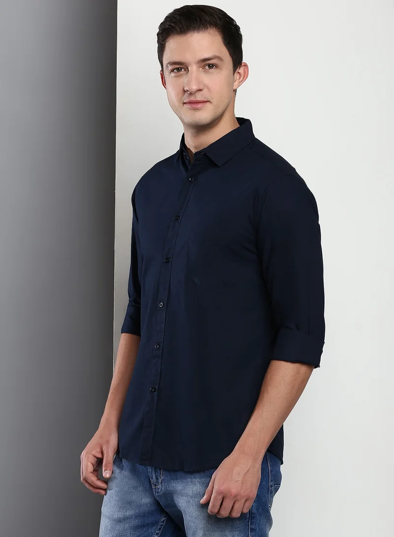 Dennis Lingo Slim Fit Navy Blue Men's Casual Shirt, Spread Collar, Full Sleeves, 100% Cotton,