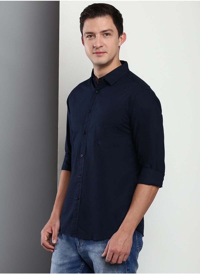 Dennis Lingo - Slim Fit Navy Blue Men's Casual Shirt, Spread Collar, Full Sleeves, 100% Cotton, - Image 1