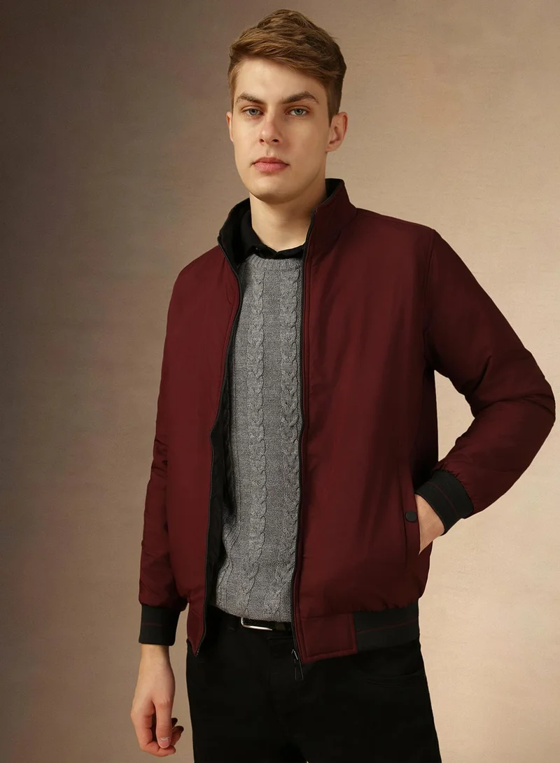 دينيس لينغو Men's Wine 100% Polyester Solid Regular Fit Jacket
