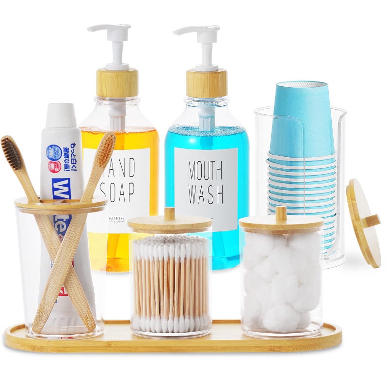 VITVITI Mouthwash Dispenser for Bathroom 7Pcs Bathroom Accessories Lotion Soap Dispenser Cotton SwabCupToothbrush Holder Plastic Bathroom Accessory Set with Bamboo Tray Lid Clear