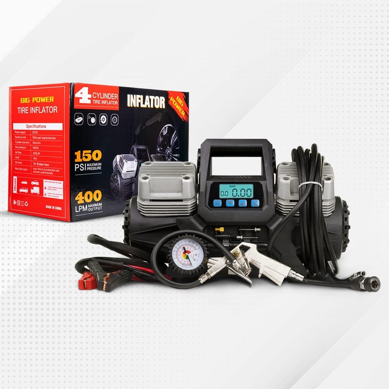 RoadPower 4 Cylinder Car Air Compressor Ultra Extreme 4x4 Tire Super Air Flow Portable 150 PSI, 400 LPM, 12V Tire Inflator for Car, Truck, Bicycle football & Other Inflatables With Carry Bag - Image 1