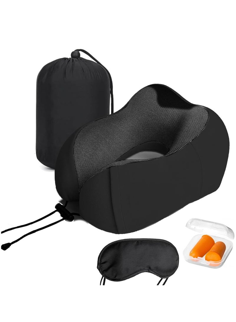 Travel Neck Pillow with Eye Cover and Earplugs Pure Memory Foam Head Support Pillow for Airplane Car and Home Neck and Shoulder Pain Relief Soft Pillow for traveling and Sleeping Black  - Image 1