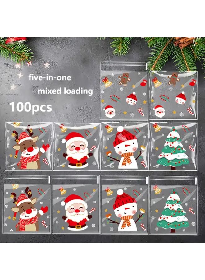 100 قطعة من أكياس الهدايا البلاستيكية الشفافة ذاتية اللصق لعيد الميلاد مع 5 تصاميم احتفالية - Image 3