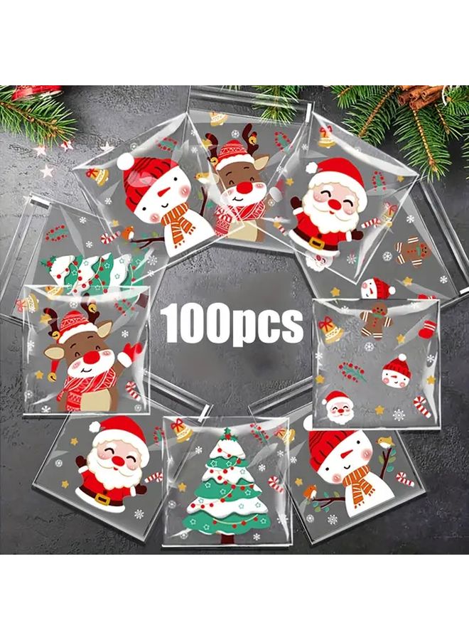100 قطعة من أكياس الهدايا البلاستيكية الشفافة ذاتية اللصق لعيد الميلاد مع 5 تصاميم احتفالية - Image 1