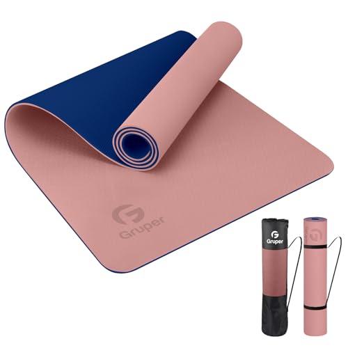 Gruper Yoga Mat Non Slip, Eco Friendly Fitness Exercise Mat with Carrying Strap,Pro Yoga Mats for Women,Workout Mats for Home, Pilates and Floor Exercises (Pink/Navy Blue, Thickness-8mm) - Image 1