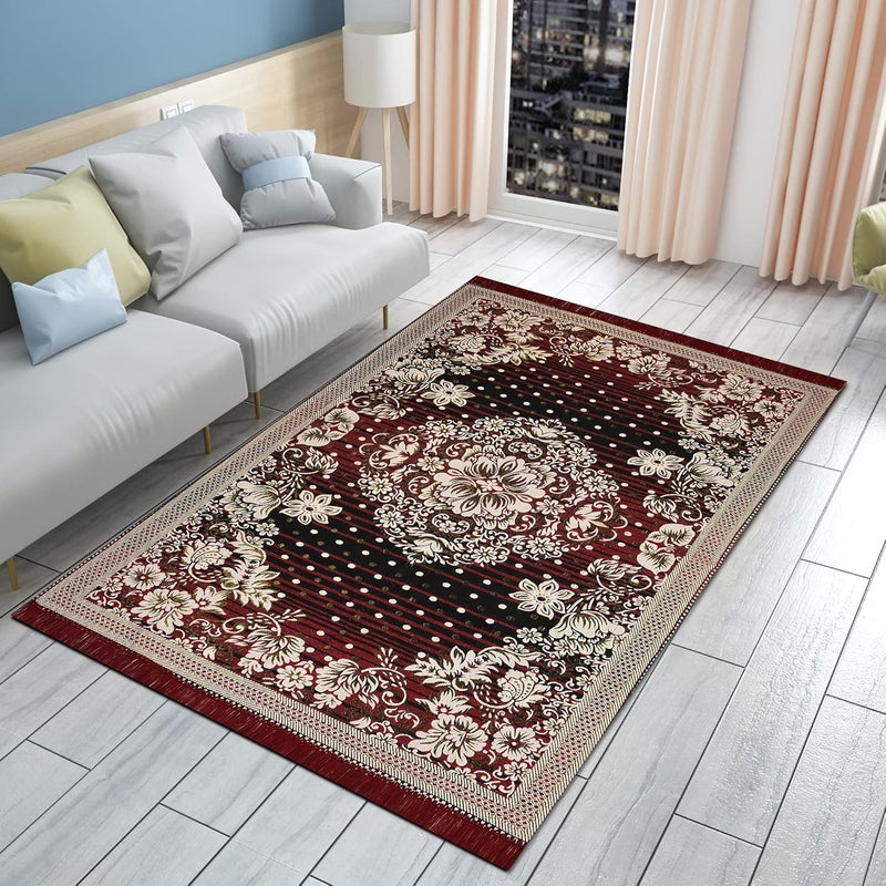 Purav Light Traditional Persian Design Cotton Carpet for Living Room| Elegant Persian Design Carpets| Carpet for Home Decoration,Living Room| 5x7 Feet Kaleen Mat| Washable| Colour-Maroon | Pack of 1 - Image 1