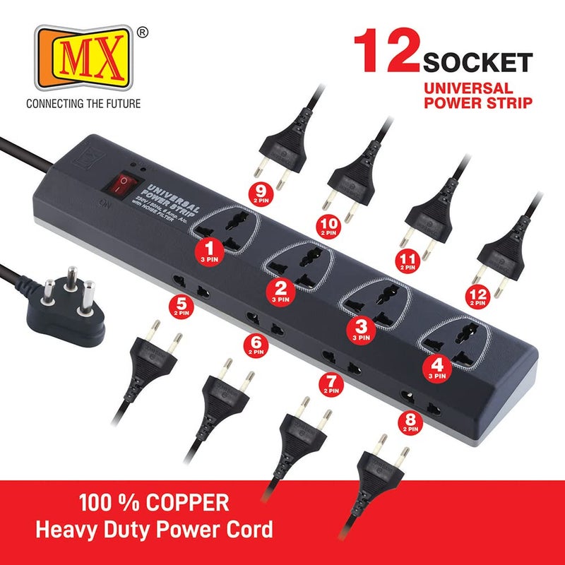 MX MX Power Strip with 12 Universal Socket Single Master Switch 3 Pin 4 Way Outlet 2 Pin 8 Way Outlets 15 Meter Power Cord Spike Guard Extension Board  - Image 5