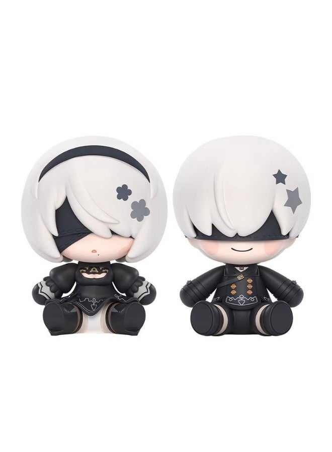 NieR Automata Figure Set 2 Pcs, 2B & 9S Cute Chibi Sitting PVC Dolls, Game Character Desk Decor Couple Gift(Height:6 cm) - Image 1