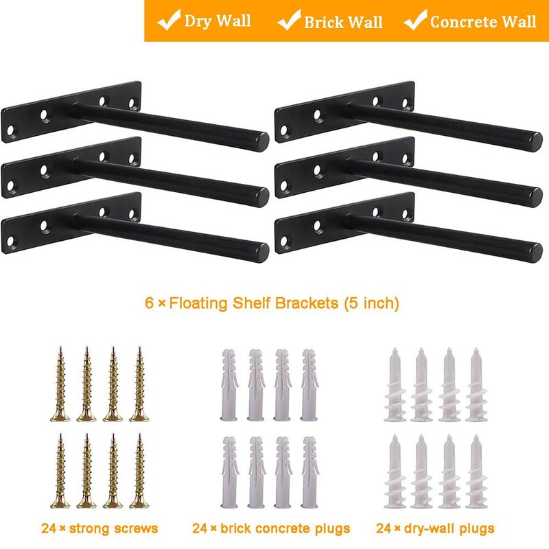 YMDparts دعامات أرفف عائمة عمياء مقاس 5 بوصات - دعامات أرفف جدارية شديدة التحمل من الصلب الصلب غير اللامع دعم مخفي باللون الأسود مع الأجهزة للأرفف الخشبية المخصصة (6 عبوات) - Image 4