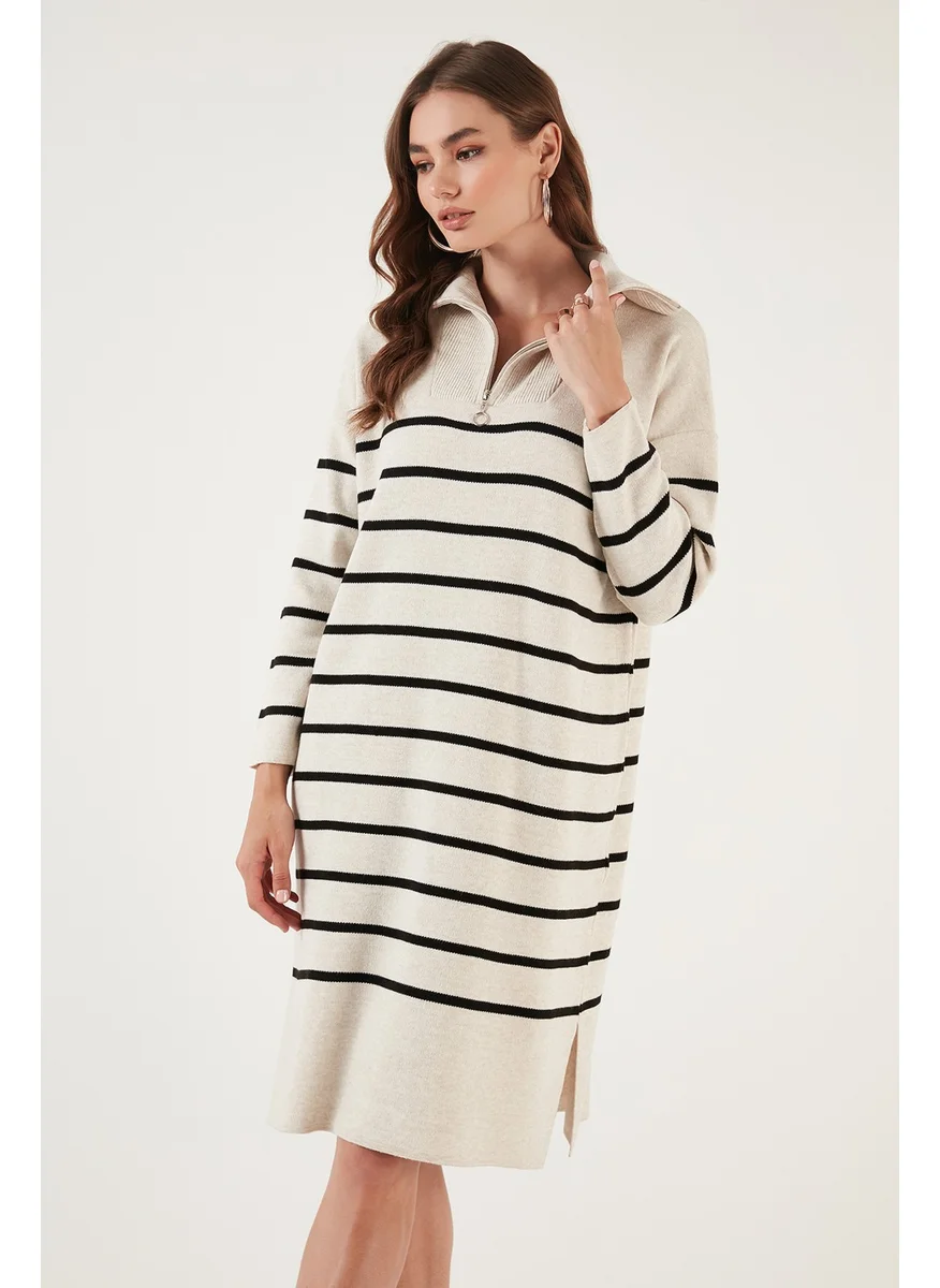 Lela Striped Half Zipper Slit Knit Dress Women's Dress 4615183