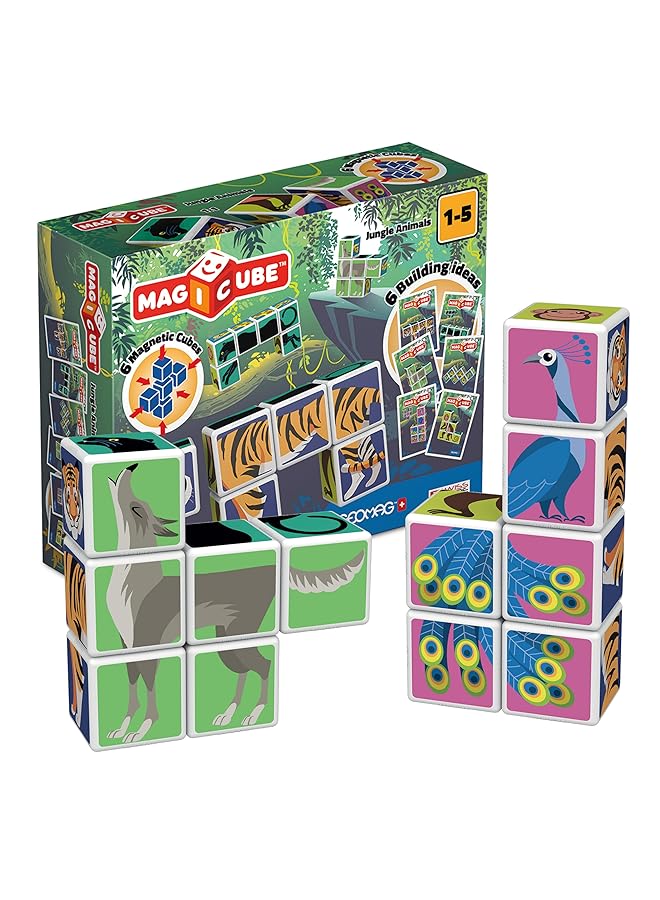GEOMAG Magicube Printed Jungle Animals + Cards Stem & Educational Magnet Toys Made In Switzerland 100% Recycled Plastic Open Ended Toys Contruction Toys 1Yr+ - Image 1