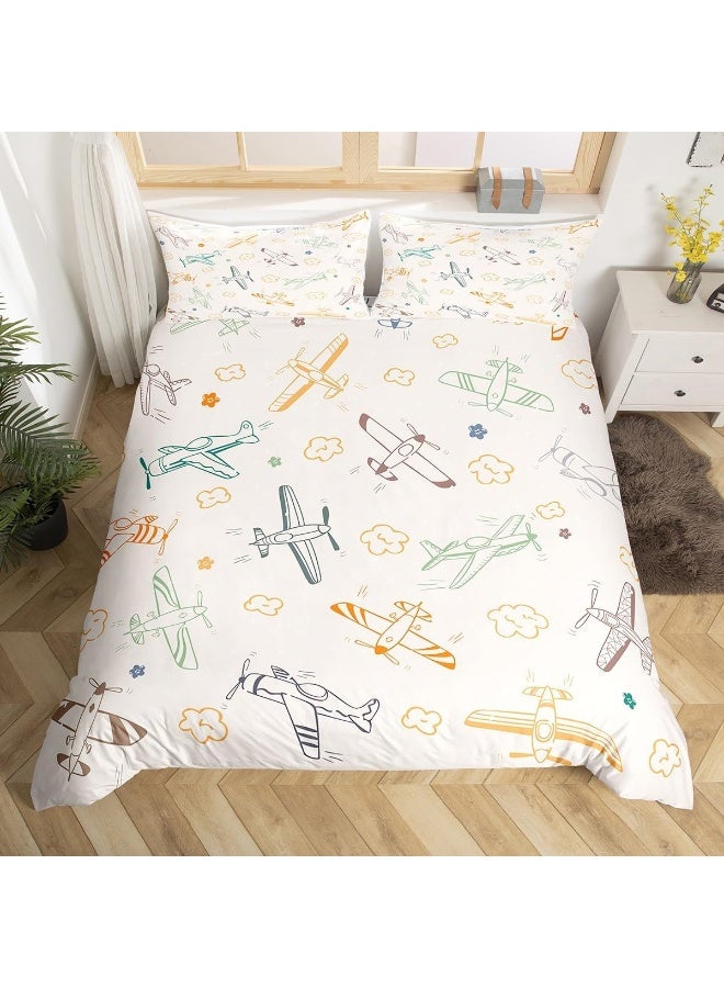 Kids Colorful Airplane Duvet Cover Set Twin Size, 2 Pcs Breathable Cartoon Airplanes Bedding Sets (1 Duvet Cover + 1 Pillowcase), Aircraft Sketch Printed Comforter Cover Set for Teens Boys (No Comforter)  - Image 1