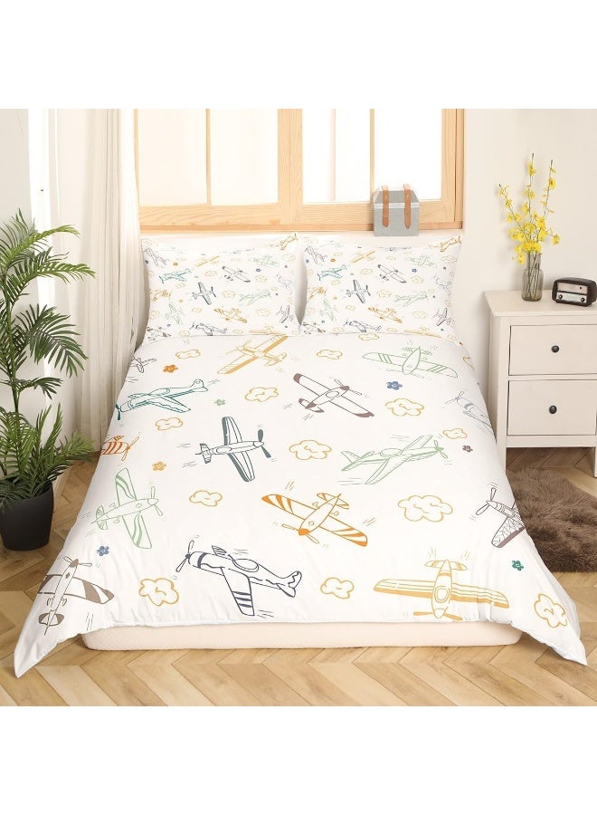 Kids Colorful Airplane Duvet Cover Set Twin Size, 2 Pcs Breathable Cartoon Airplanes Bedding Sets (1 Duvet Cover + 1 Pillowcase), Aircraft Sketch Printed Comforter Cover Set for Teens Boys (No Comforter)  - Image 3