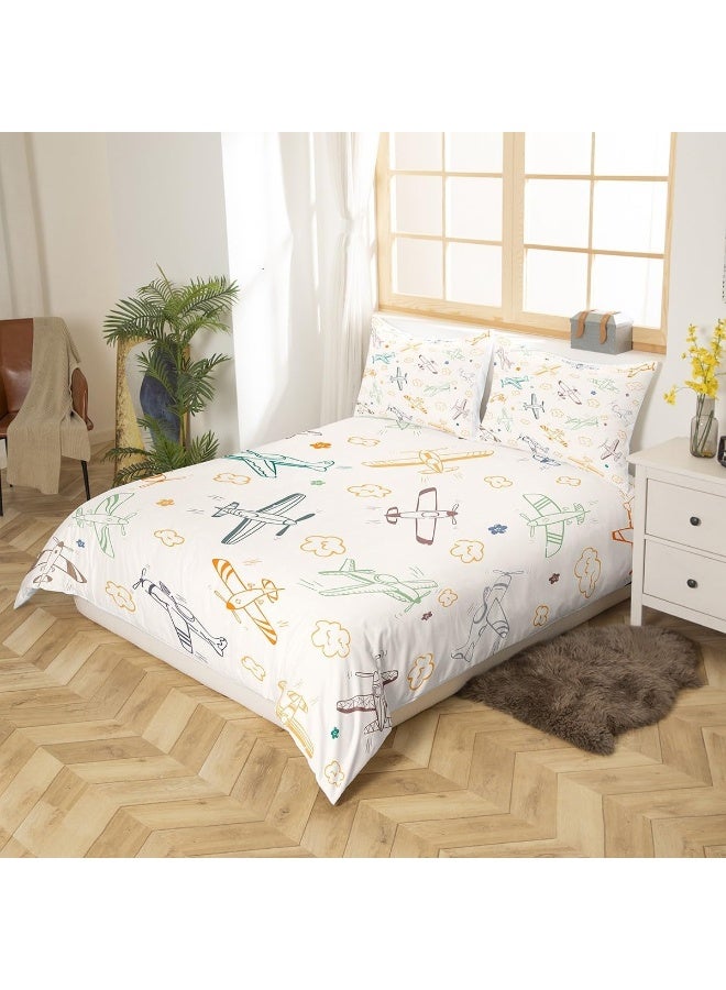 Kids Colorful Airplane Duvet Cover Set Twin Size, 2 Pcs Breathable Cartoon Airplanes Bedding Sets (1 Duvet Cover + 1 Pillowcase), Aircraft Sketch Printed Comforter Cover Set for Teens Boys (No Comforter)  - Image 2