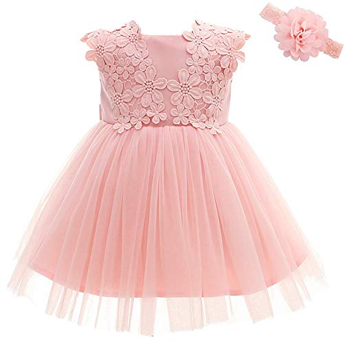 Moon Kitty Baby Girl Dress Christening Baptism Gowns Flower Girl Dress, Pink, 12 - Image 1