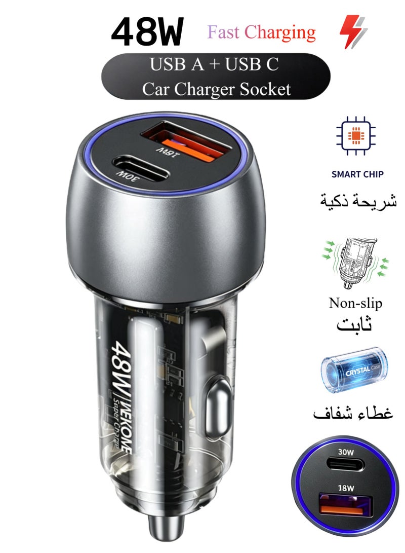 WEKOME 48W USB-A & USB-C Dual Port Fast Car Charger, Transparent Shell Exclusive Mold, Multi-Protection Universal Car Power Adapter - Image 1