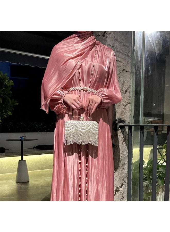 Women Hooded Shimmer Abaya Dress Balloon Sleeve Pearl Button Belted Flowing Maxi Gown - Image 1
