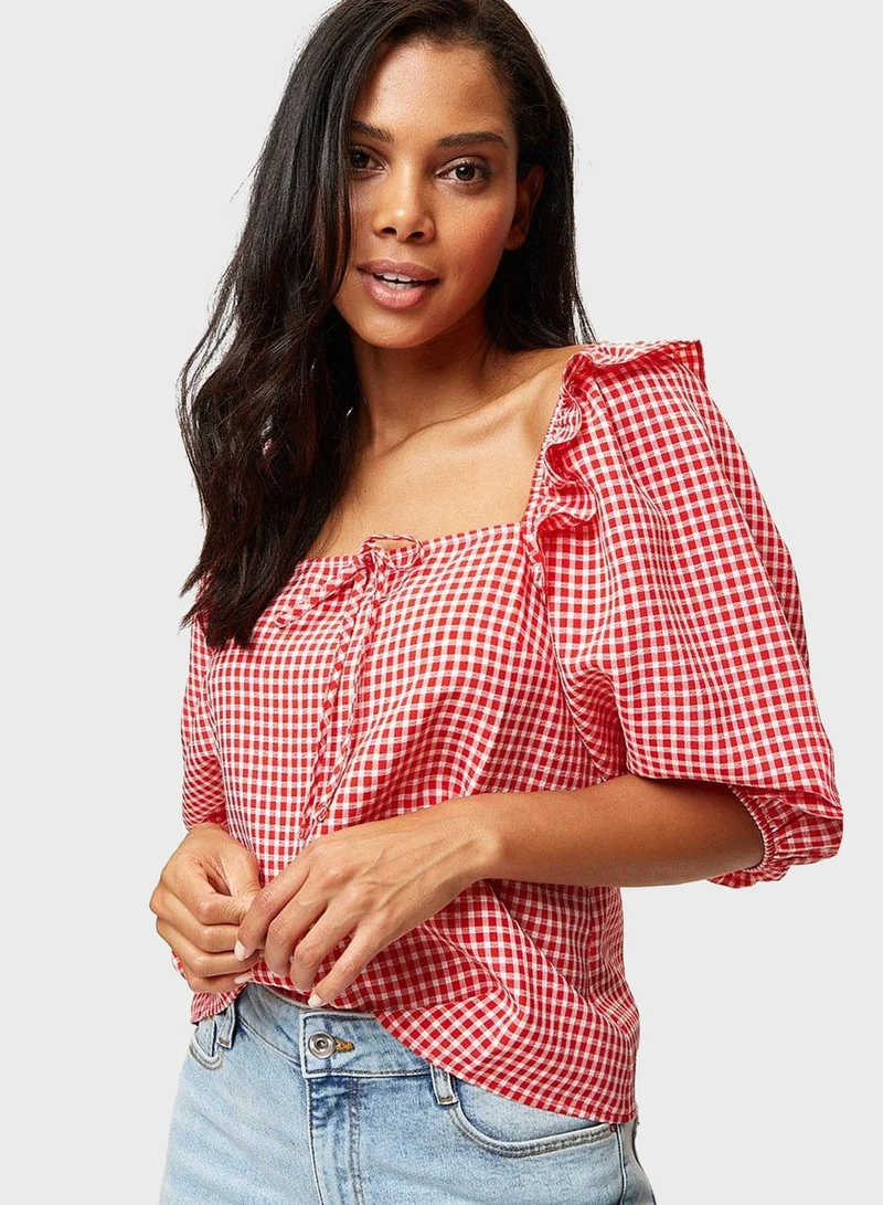 DOROTHY PERKINS Puff Sleeve Checked Ruffle Detail Top