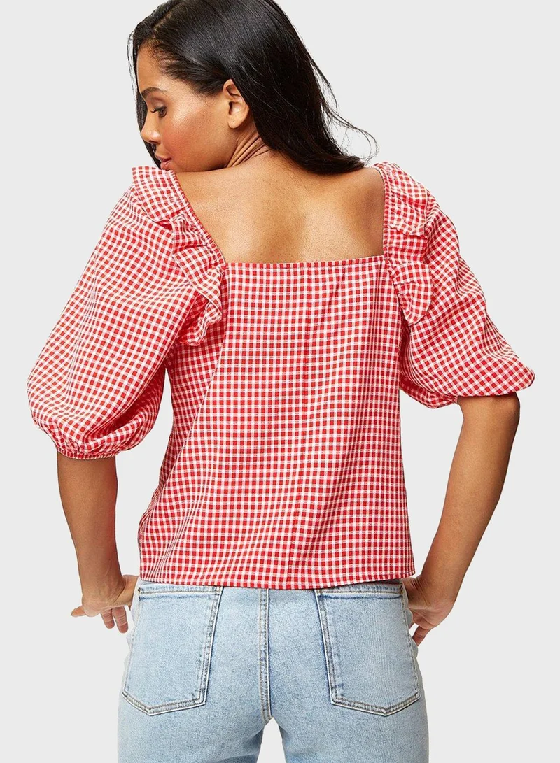DOROTHY PERKINS Puff Sleeve Checked Ruffle Detail Top
