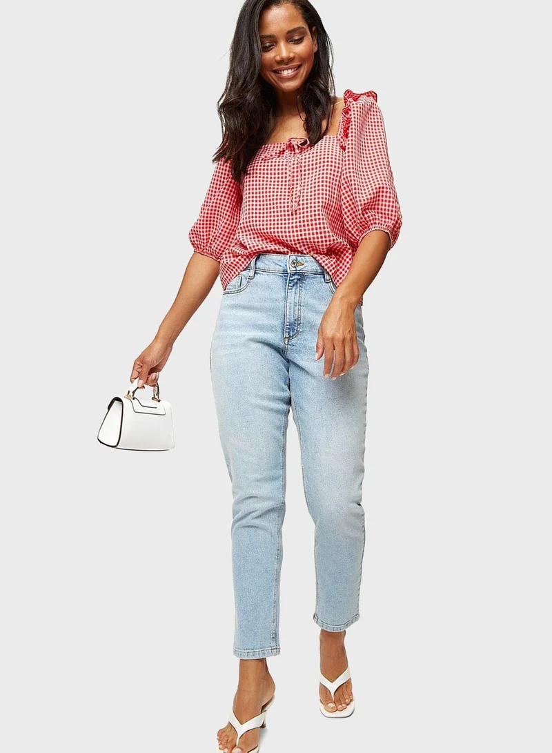 DOROTHY PERKINS Puff Sleeve Checked Ruffle Detail Top