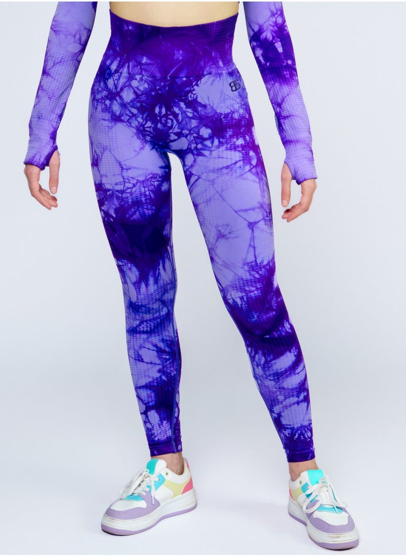Bernessi Nylon Women's Tie-Dye Gym Leggings High Waist with Tummy Control for Yoga Workout Running Fitness Gym Pants Textured Lilac Purple Print  - Image 1