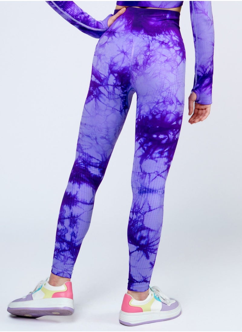 Bernessi Nylon Women's Tie-Dye Gym Leggings High Waist with Tummy Control for Yoga Workout Running Fitness Gym Pants Textured Lilac Purple Print  - Image 2