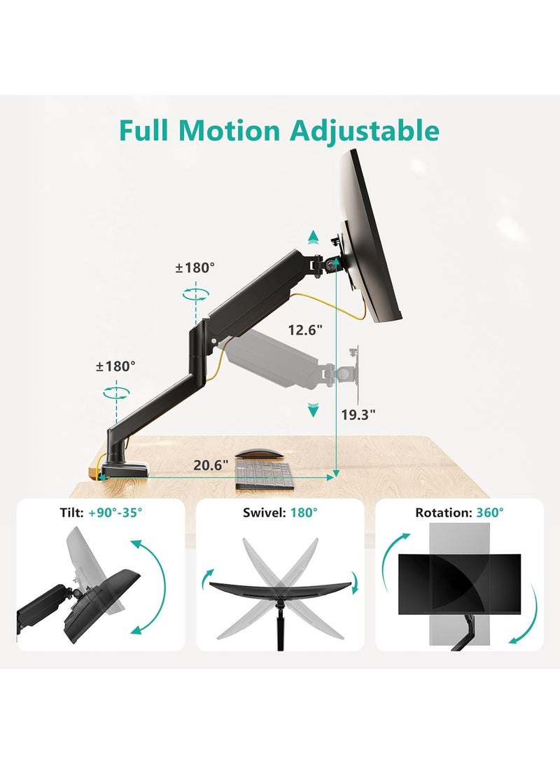 NNEWVANTE حامل شاشة مفرد، ذراع شاشة غازية للشاشات من 17-34 بوصة، حامل شاشة كمبيوتر قابل للتعديل حتى 26.4 رطل، مع مشبك وقاعدة جروت، ثقوب تركيب 75 و100 مم، أسود - Image 3