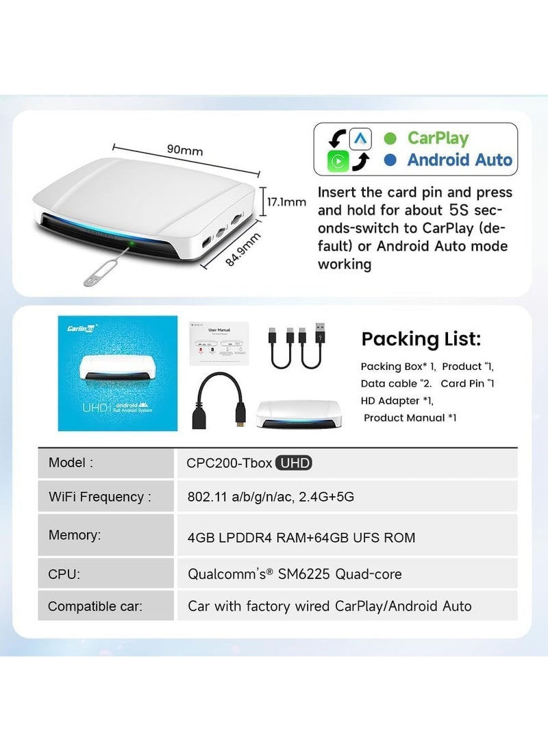 Carlinkit UHD Snapdragon 6225, New Android 13 AI Box with HDMI Output, Google Play Store/Wireless CarPlay/Android Auto Support, 8GB RAM + 128GB ROM,Support SIM Card and TF Expansion  - Image 2