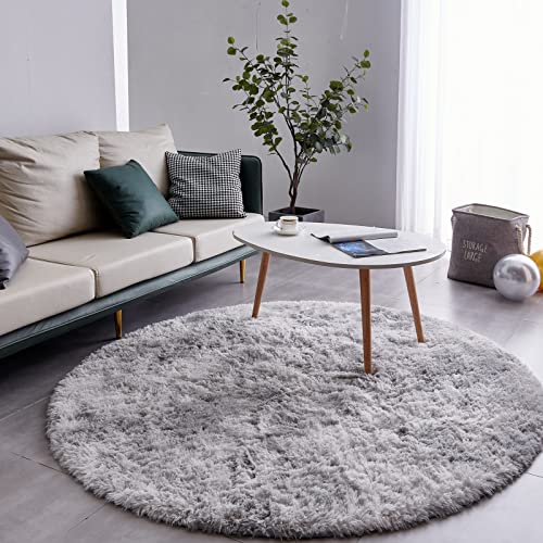 FJZFING Tie-Dyed Light Grey Round Rug Ultra-Soft Plush Modern 5x5 Circle Area Rug for Kid's Bedroom, Fluffy Shag Circular Rug for Nursery Room, Non-Slip Tie-Dyed Light Grey Rug for Teen's Room - Image 2