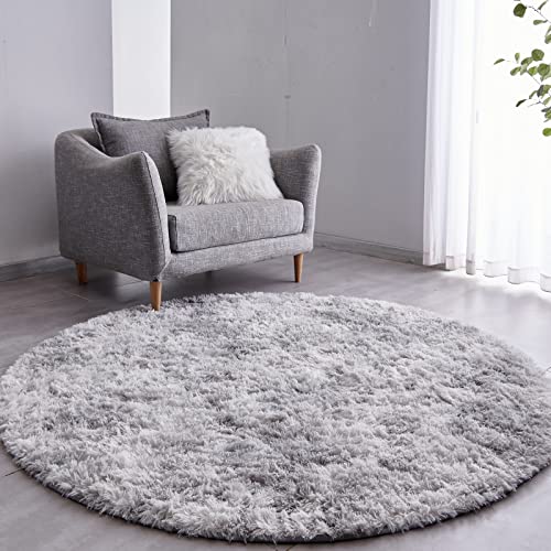 FJZFING Tie-Dyed Light Grey Round Rug Ultra-Soft Plush Modern 5x5 Circle Area Rug for Kid's Bedroom, Fluffy Shag Circular Rug for Nursery Room, Non-Slip Tie-Dyed Light Grey Rug for Teen's Room - Image 1