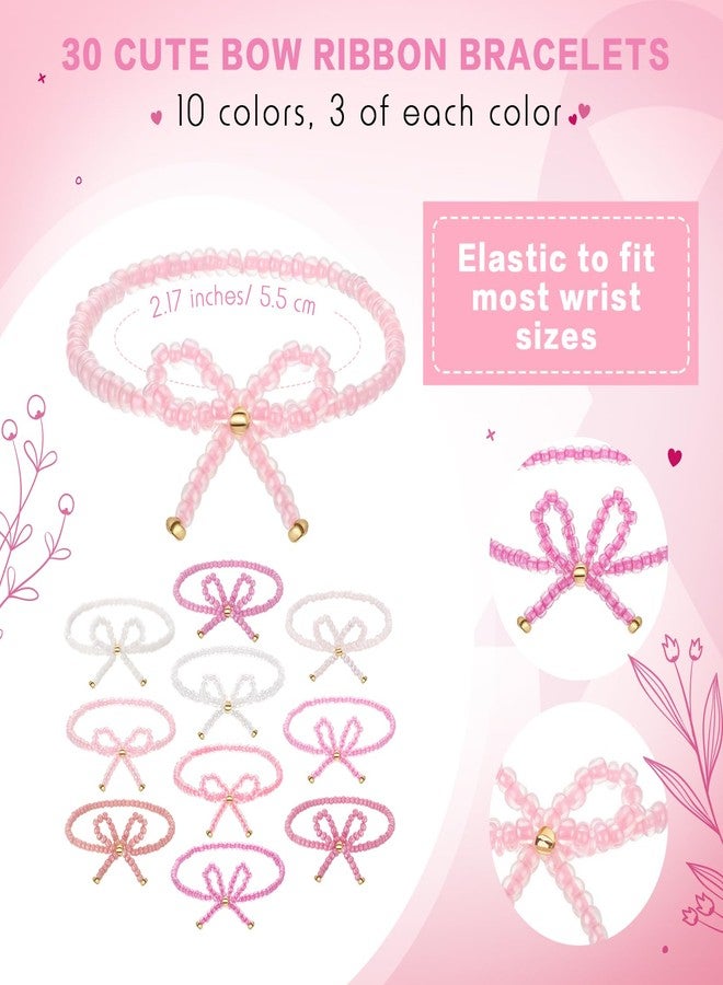 Tondiamo 30 Pcs Coquette Bow Party Favors Bow Beads Bracelets for Women Pink White Cute Boho Small Handmade Elastic Friendship Bracelets for Christmas Wedding Birthday Quinceanera Party Favors - Image 2