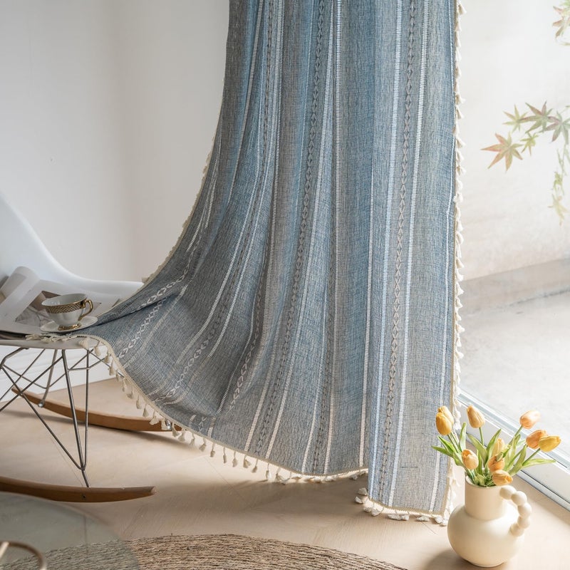 Deeprove Blue Bohemian Curtains 90 Inches Long Linen Textured for Living Room Light Filter Farmhouse Sheer Hollow Striped Chic Drape  Top Rod Pocket Window Treatment for Bedroom 1 Panel W52 x L90 - Image 1