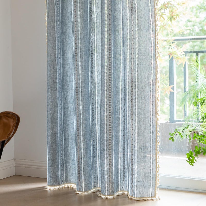 Deeprove Blue Bohemian Curtains 90 Inches Long Linen Textured for Living Room Light Filter Farmhouse Sheer Hollow Striped Chic Drape  Top Rod Pocket Window Treatment for Bedroom 1 Panel W52 x L90 - Image 5