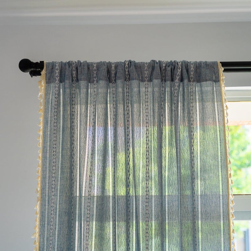 Deeprove Blue Bohemian Curtains 90 Inches Long Linen Textured for Living Room Light Filter Farmhouse Sheer Hollow Striped Chic Drape  Top Rod Pocket Window Treatment for Bedroom 1 Panel W52 x L90 - Image 4