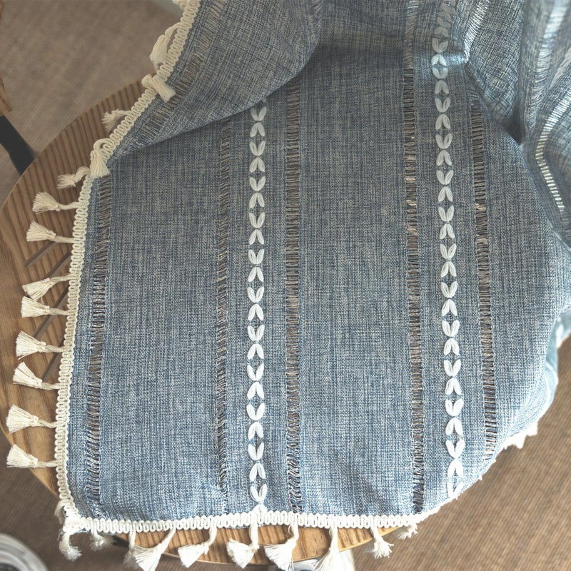 Deeprove Blue Bohemian Curtains 90 Inches Long Linen Textured for Living Room Light Filter Farmhouse Sheer Hollow Striped Chic Drape  Top Rod Pocket Window Treatment for Bedroom 1 Panel W52 x L90 - Image 3