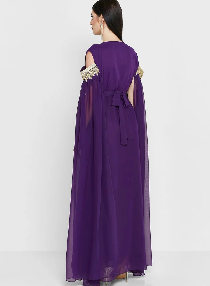 hayas closet Split Sleeve Embellished Belted Dress