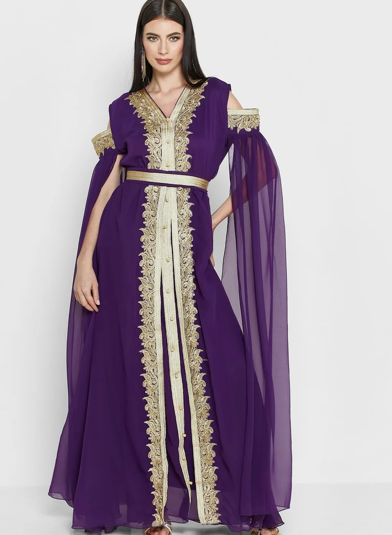 hayas closet Split Sleeve Embellished Belted Dress