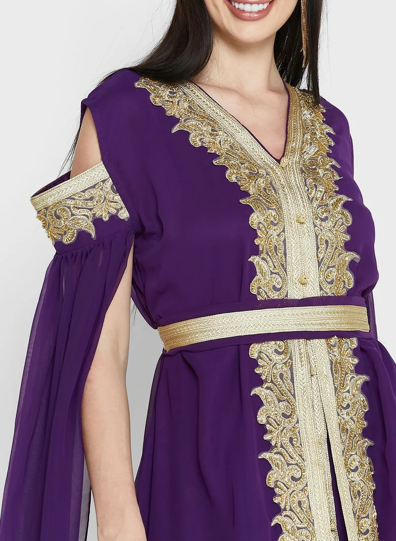 hayas closet Split Sleeve Embellished Belted Dress