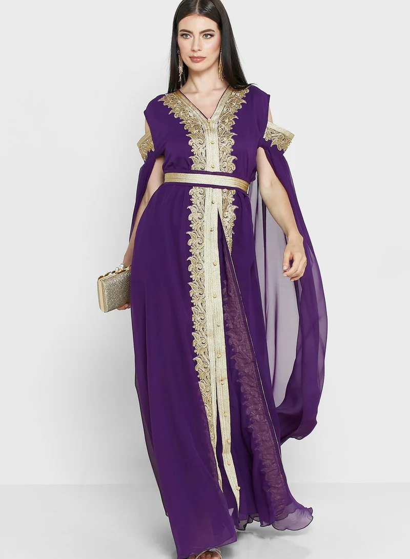 hayas closet Split Sleeve Embellished Belted Dress