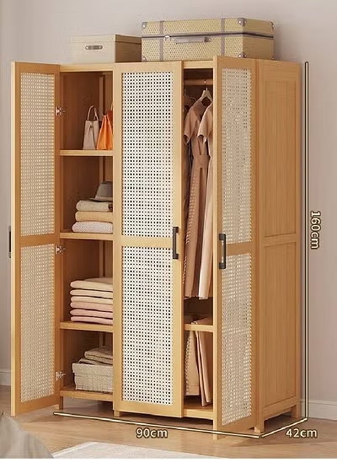 keke Rattan Panel Wooden Wardrobe 3 Door Freestanding Closet Organizer with Hanging Rod & Shelves Size 160ccm 90cm 42cm - Image 2