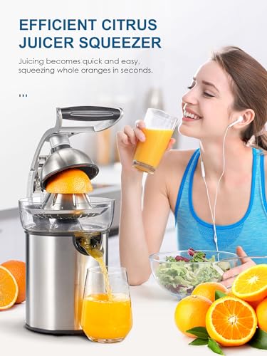QCen Electric Citrus Juicer Squeezer, Electric Juicer for Orange, Lemon and Limes with Rubber Handle and Two Size Cones, Anti-Drip Spout, Easy to Clean and Use, BPA Free, Black/Stainless Steel - Image 3