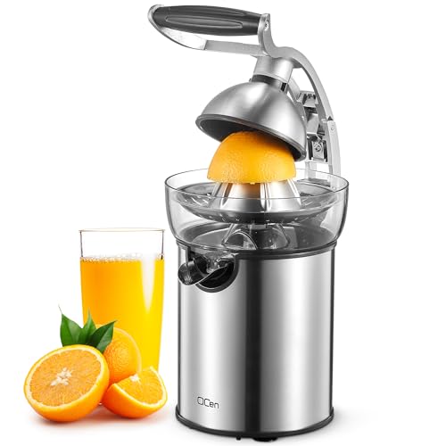 QCen Electric Citrus Juicer Squeezer, Electric Juicer for Orange, Lemon and Limes with Rubber Handle and Two Size Cones, Anti-Drip Spout, Easy to Clean and Use, BPA Free, Black/Stainless Steel - Image 1