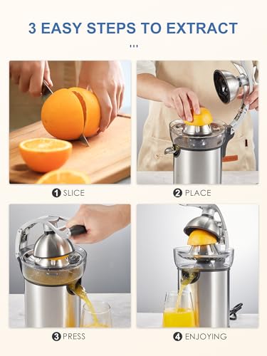 QCen Electric Citrus Juicer Squeezer, Electric Juicer for Orange, Lemon and Limes with Rubber Handle and Two Size Cones, Anti-Drip Spout, Easy to Clean and Use, BPA Free, Black/Stainless Steel - Image 5