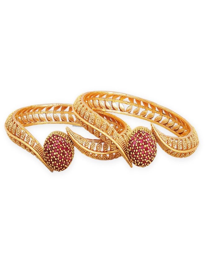 Rubans Stylish Set of 2 18K Gold Plated Ruby Studded Geru Polish Traditional Bangles For Women. - Image 1