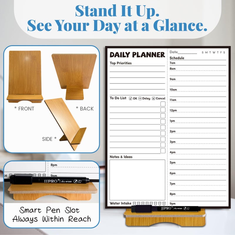 JJPRO Reusable Desktop Daily Planner with Stand,Reusable Time Schedule Board,11"x8.5" Hourly Schedule Dry Erase Board with Time Slots,Desk Hourly Dry Erase Board with Engineered Wood Stand - Image 4