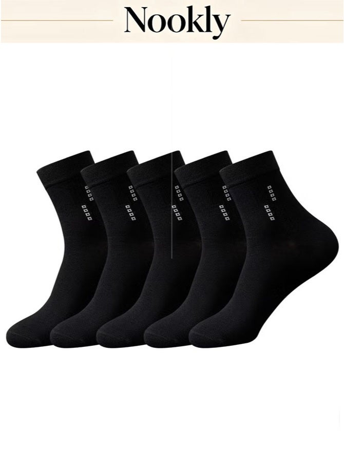 nookly 5 Pairs Men's 100% Cotton Crew Socks， Moisture-Wicking Breathable Dress Socks for Business Casual， Comfortable All-Day Wear for Office and Daily Use， Ideal for Hot Weather (Pure Black) - Image 1