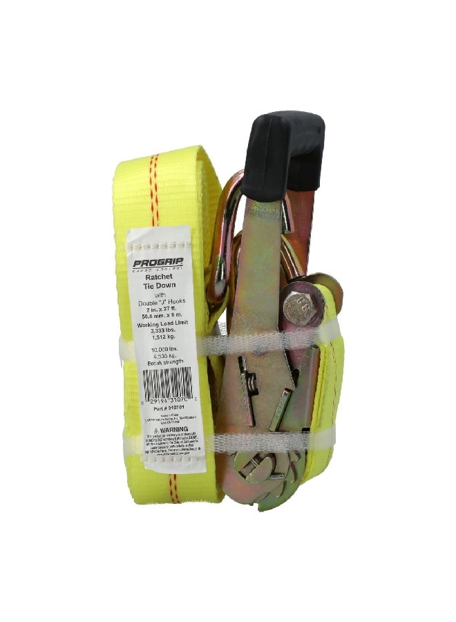 Pro Grip Rated Working Load Limit Tie Down Ratchet with Double J-Hooks Yellow 2 Inch x 27 ft 310701 - Image 1