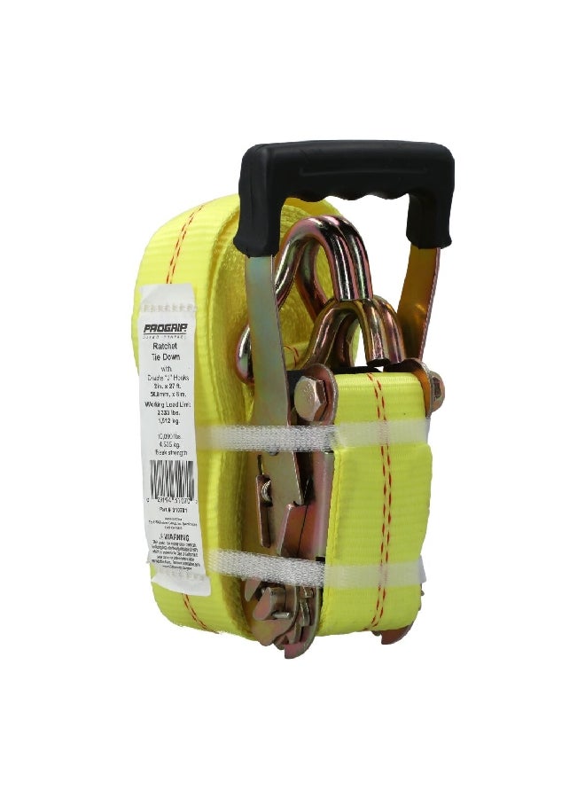 Pro Grip Rated Working Load Limit Tie Down Ratchet with Double J-Hooks Yellow 2 Inch x 27 ft 310701 - Image 2