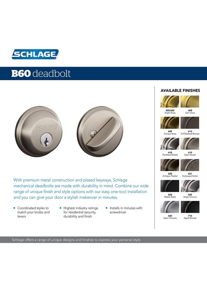 شليدح مزلاج قفل Schlage B60 N 619، مزود بمفتاح من جانب واحد، يتميز بأعلى مستوى من الأمان السكني، مصنوع من النيكل الساتان - Image 3