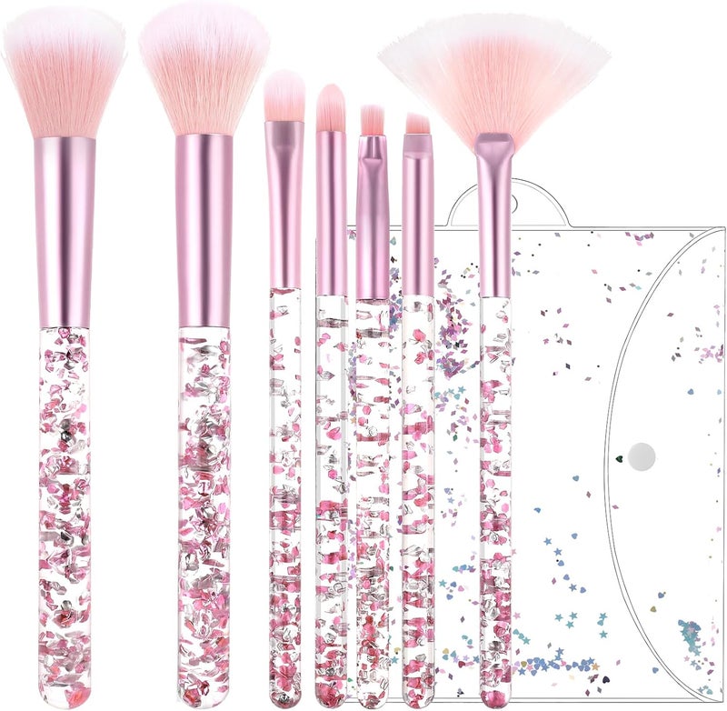 7 Pcs Makeup Brushes for Women Cute Pink Makeup Brushes Crystal Sparkles Fan Blush Foundation Powder Lip Highlight Eye Shadow Eyebrow Brush Set With Sequins Handle Professional for GirlPink